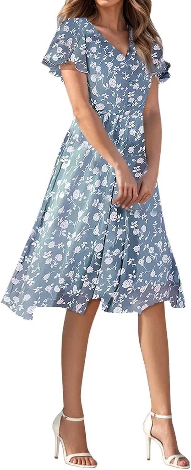 Женское богемное платье с цветочным принтом A-line, Light Gray