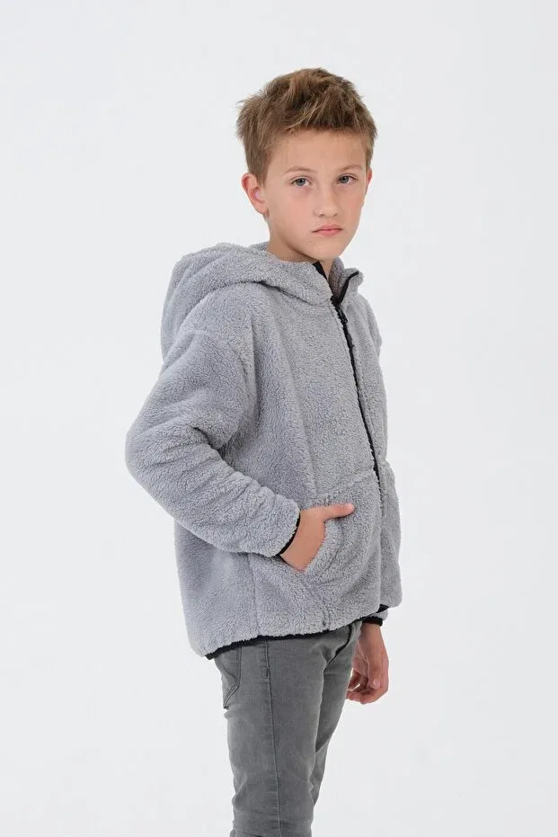 Детское худи для девочек с принтом Embroidery Detailed Plush Hooded Cargo Pocket Top Black One, Gray — фото 4