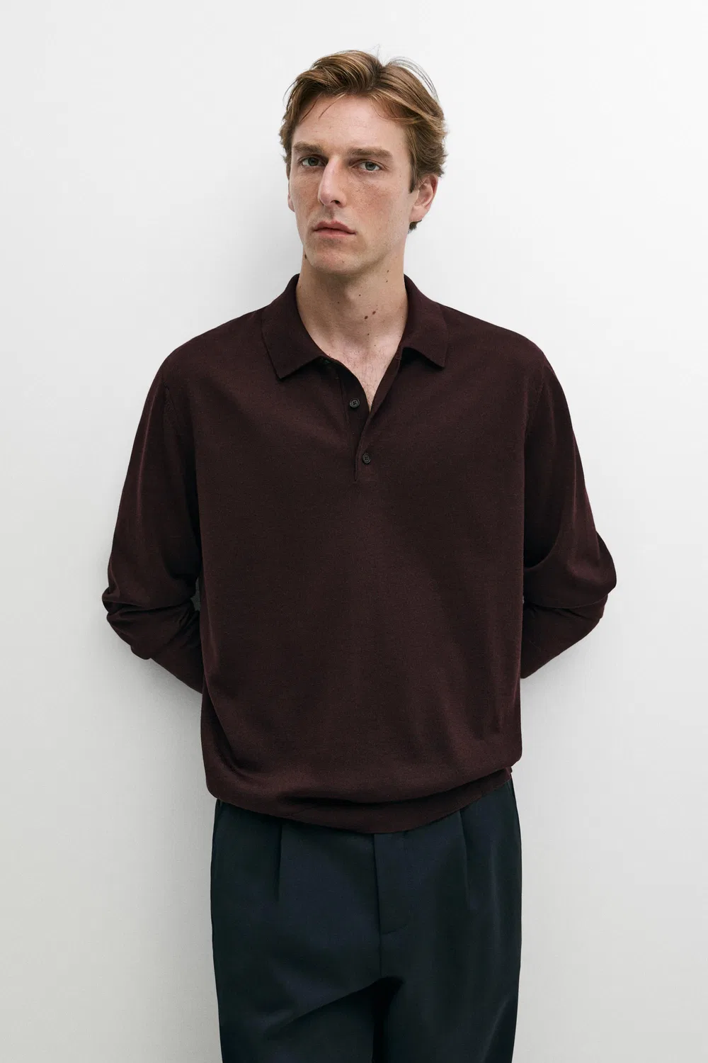 Поло-свитер Massimo Dutti 100% Merino Wool Knit, бордовый