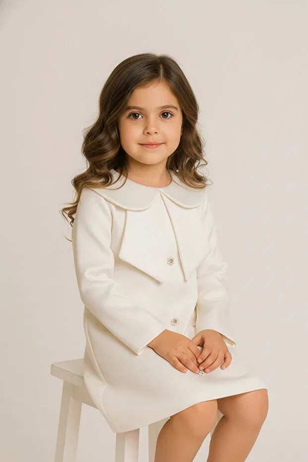 Детское платье для девочек с длинным рукавом Pearl Embroidered Girls' Dress Melek Golden, Ecru — фото 2