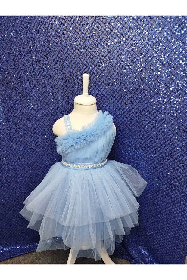 Детское платье для девочек с пайетками One shoulder stone detailed tulle children's evening dress Bonita, Baby Blue — фото 2