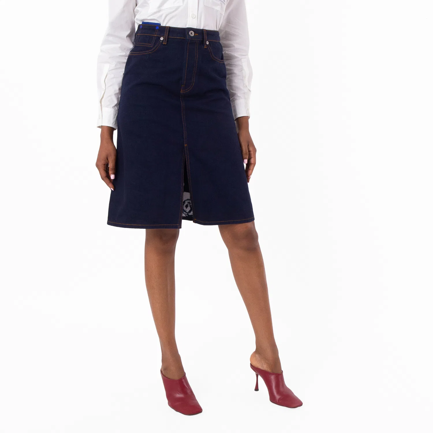 Юбка миди из японского денима Japanese Denim Midi Skirt Burberry, Indigo Blue
