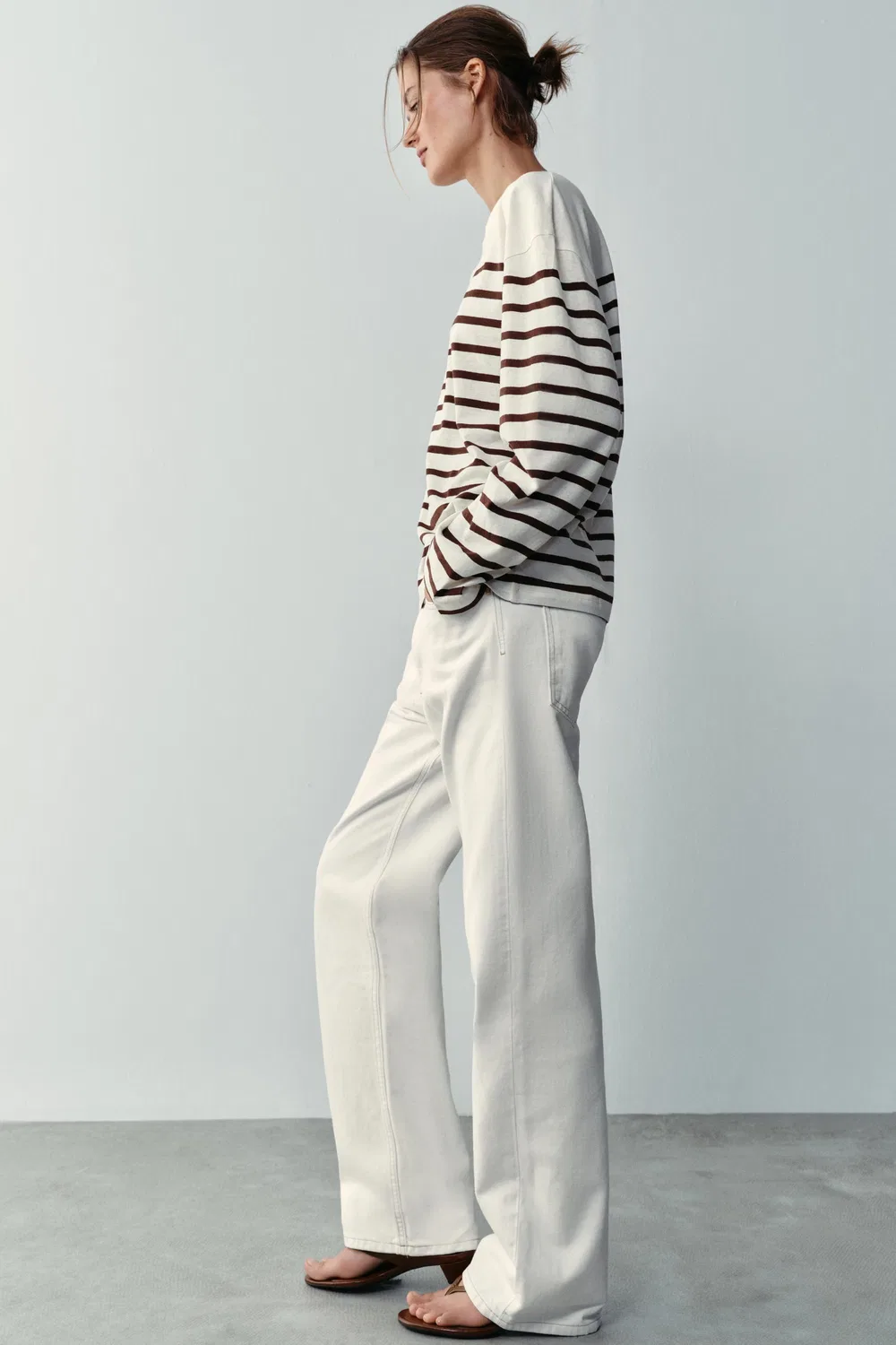 Футболка в полоску из хлопка и льна ZARA, Ecru/Brown — фото 3