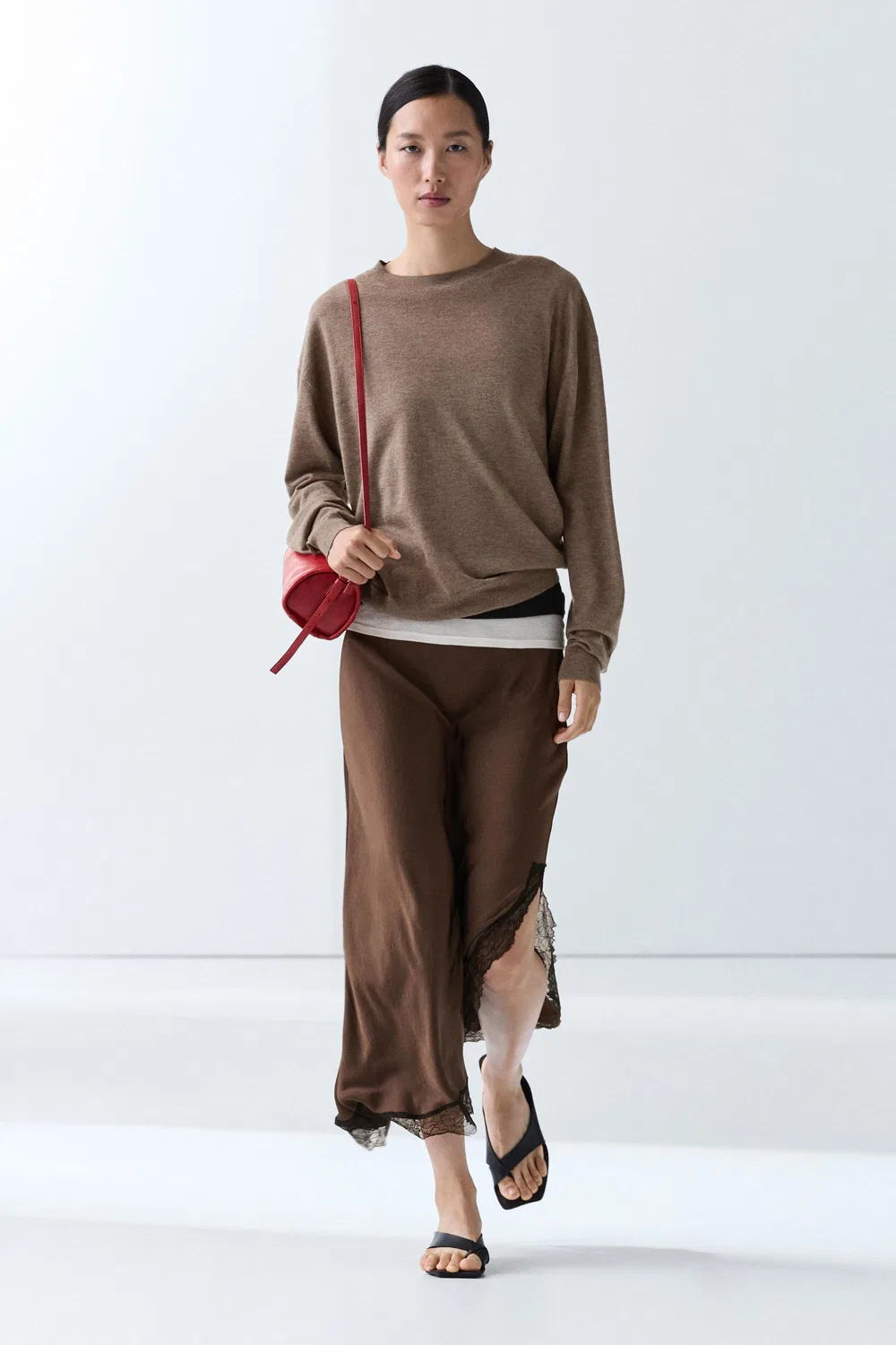 Свитер Massimo Dutti, вязаный, тонкий, с круглым вырезом, Mole Brown