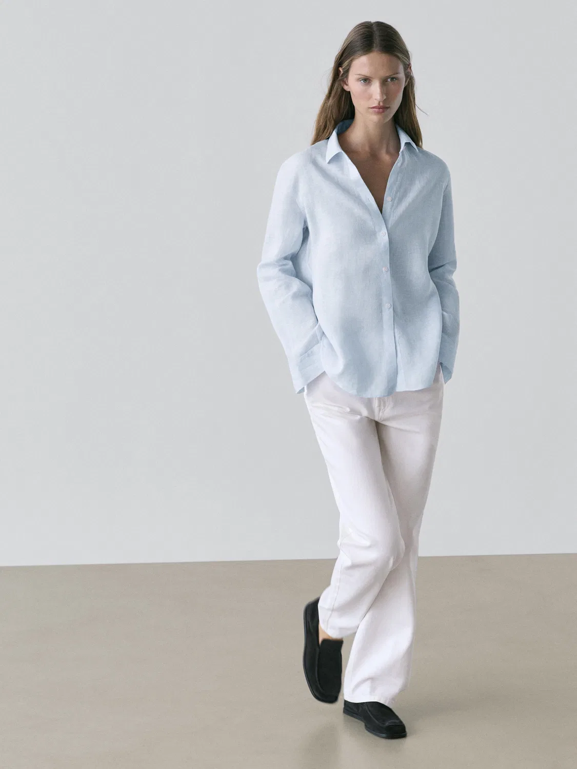 Свободная рубашка в тонкую полоску из 100% льна Massimo Dutti, небесно-голубой — фото 3