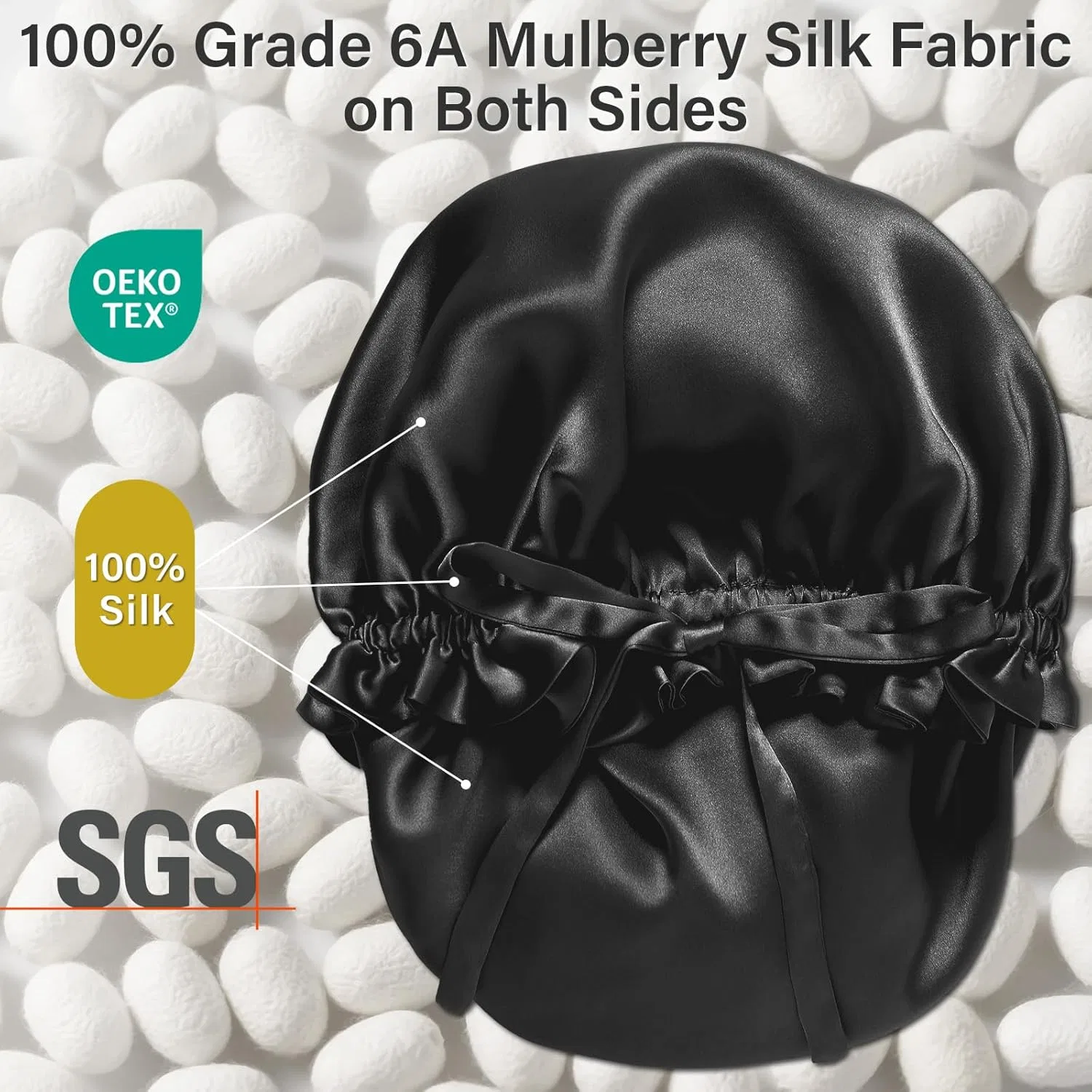 Шапочка для душа ZIMASILK из 100% мульберового шелка, 1 шт, Black — фото 2