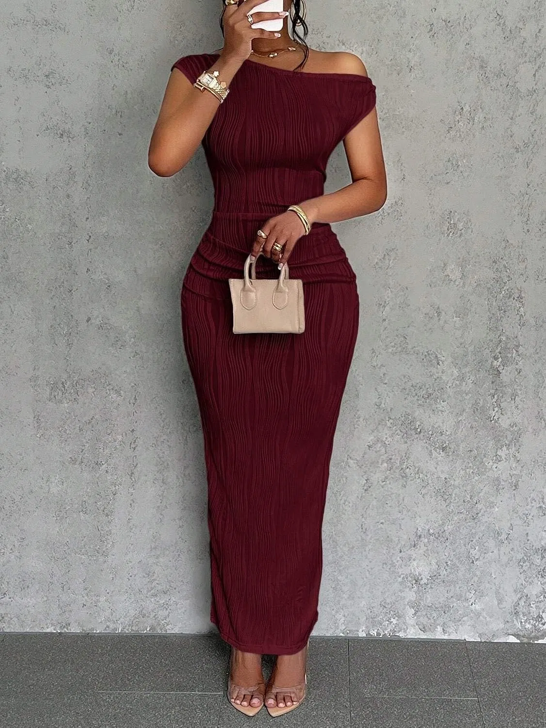 Женское элегантное макси-платье с одним плечом, Bodycon, Burgundy — фото 2