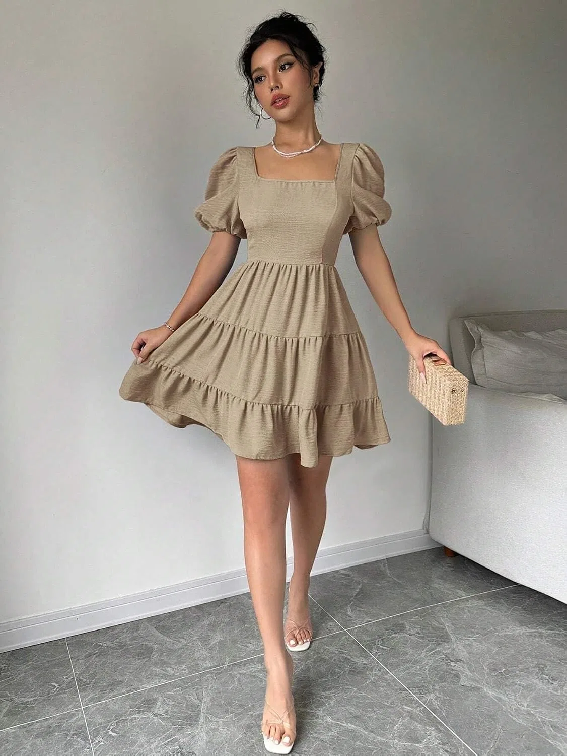 Женское летнее пляжное платье с воланами и открытой спиной, Khaki — фото 3