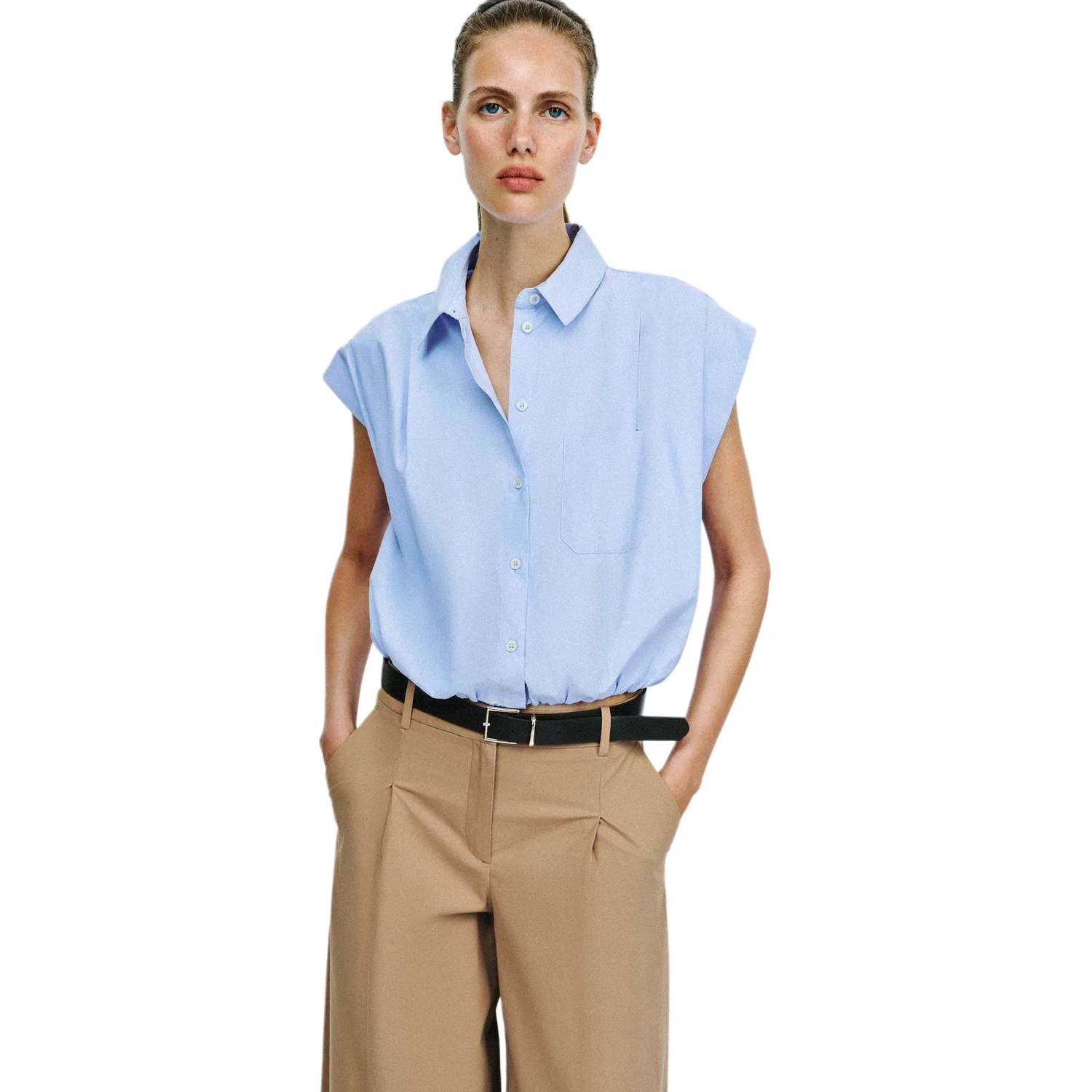 Женская рубашка с лацканами прямого кроя Light Blue ZARA, Светло-голубой — фото 3