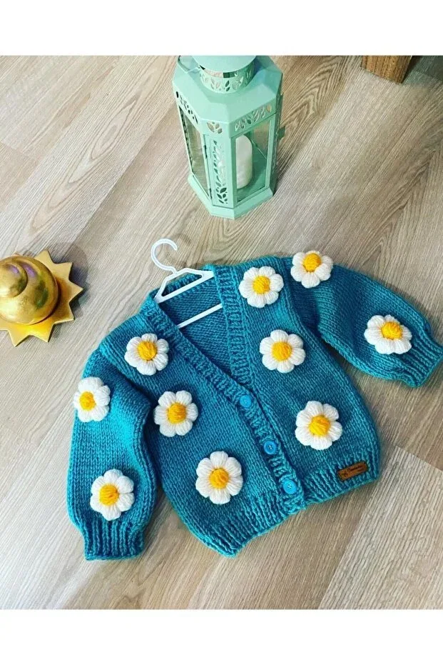 Детский кардиган для девочек с цветочным принтом Flower detailed hand knitted Nevalin, Turquoise — фото 3