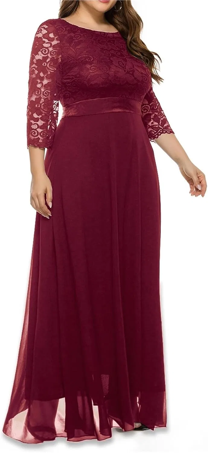 Женское кружевное макси-платье с длинным рукавом, Wine Red — фото 4