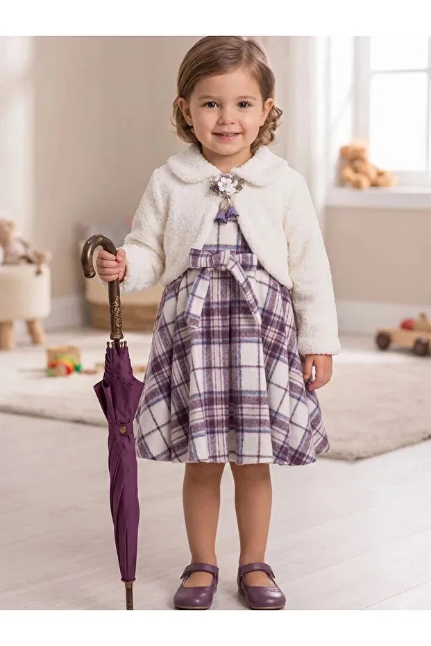 Детское платье для девочек с принтом Plaid girl's dress with plush bolero Cherrys Bebek, Purple