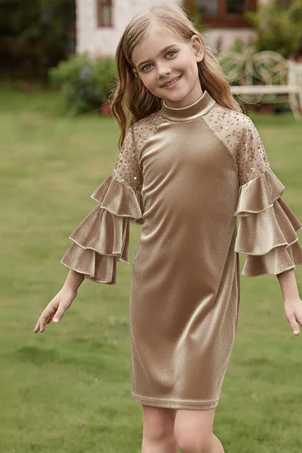 Детское бархатное платье для девочек с длинным рукавом My Kids Wear, Beige
