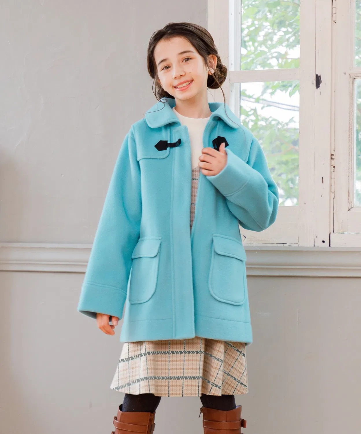 Детское пальто-дафлкот с капюшоном Kumikyoku KIDS, Turquoise Blue