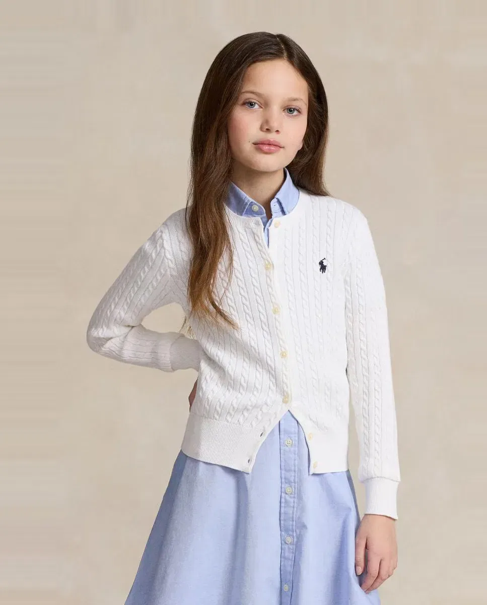 Детский кардиган для девочек с мелким узором косы Polo Ralph Lauren, Blanco