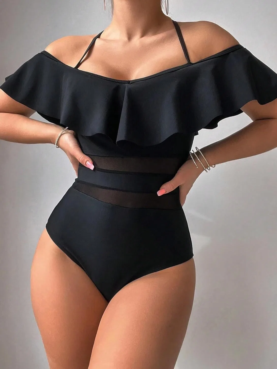 Женский монокини с перекрестными лямками и рюшами, Black — фото 3