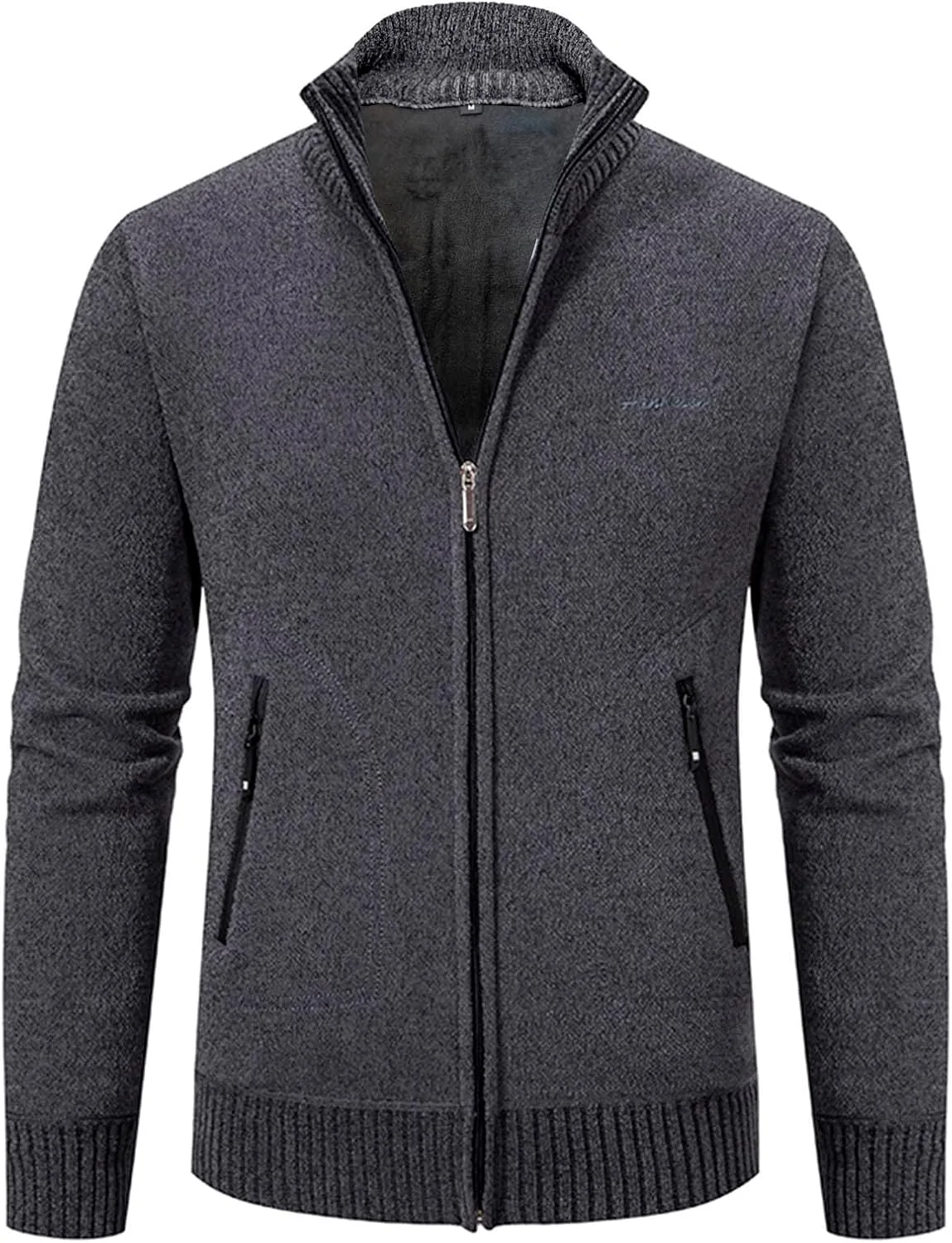 

Мужской кардиган с полной молнией, длинными рукавами и воротником стойкой