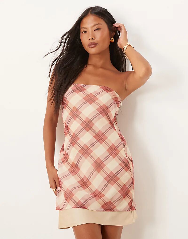 

Мини-платье-бандо ASOS DESIGN Petite с двумя слоями в розовую клетку Asos Petite