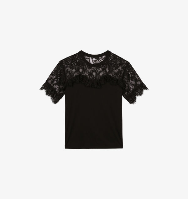 

Футболка из хлопка с круглым вырезом и кружевными вставками The Kooples, черный