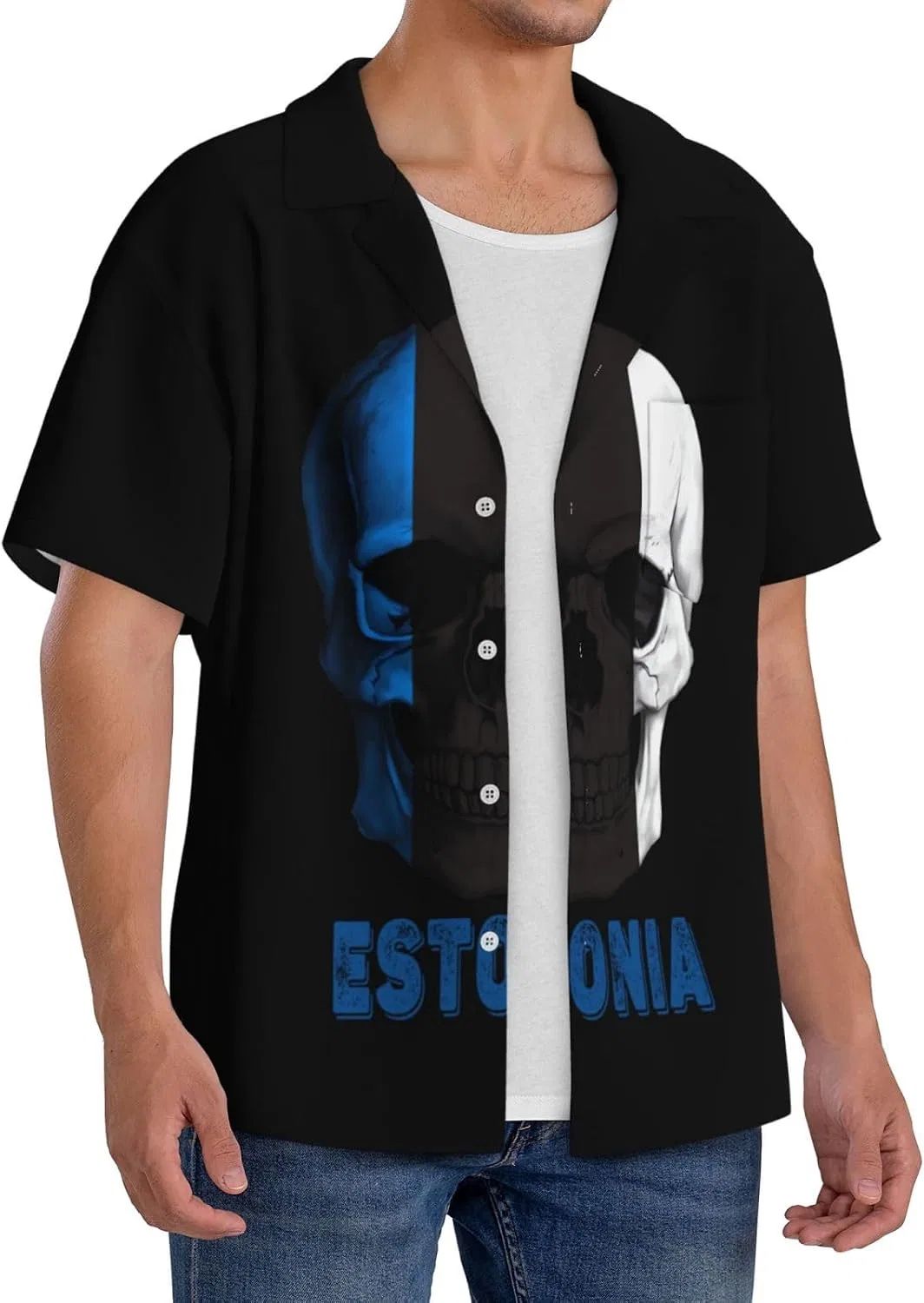 Мужская свободная рубашка с коротким рукавом и воротником-кубинка Skull Estonia Flag, Black — фото 2
