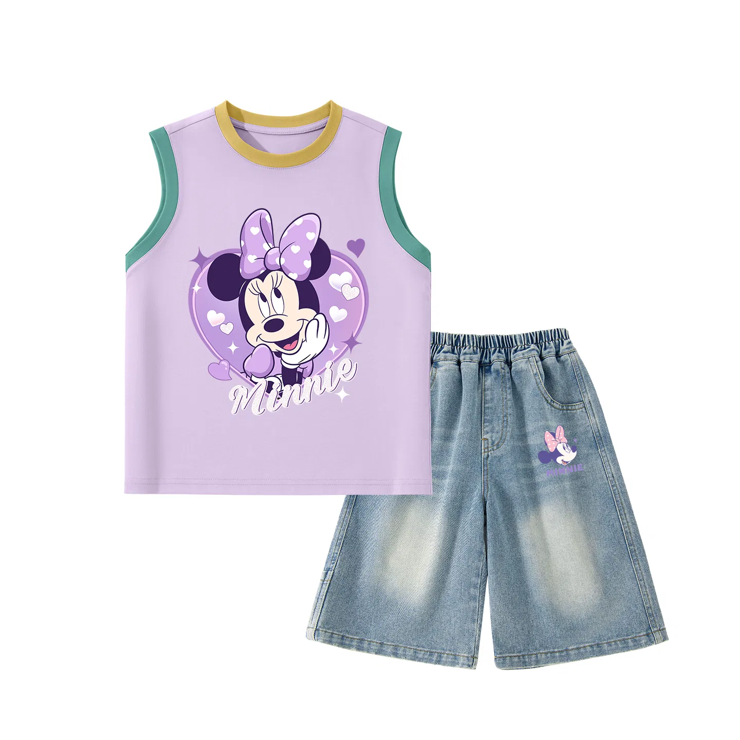 Детский спортивный костюм с круглым вырезом, тонкий и эластичный, Disney, Daisy Heart Nude Purple + Denim Blue