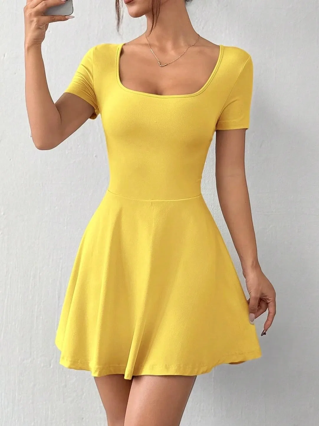 Женское повседневное платье A-силуэта с квадратным вырезом, Yellow — фото 3