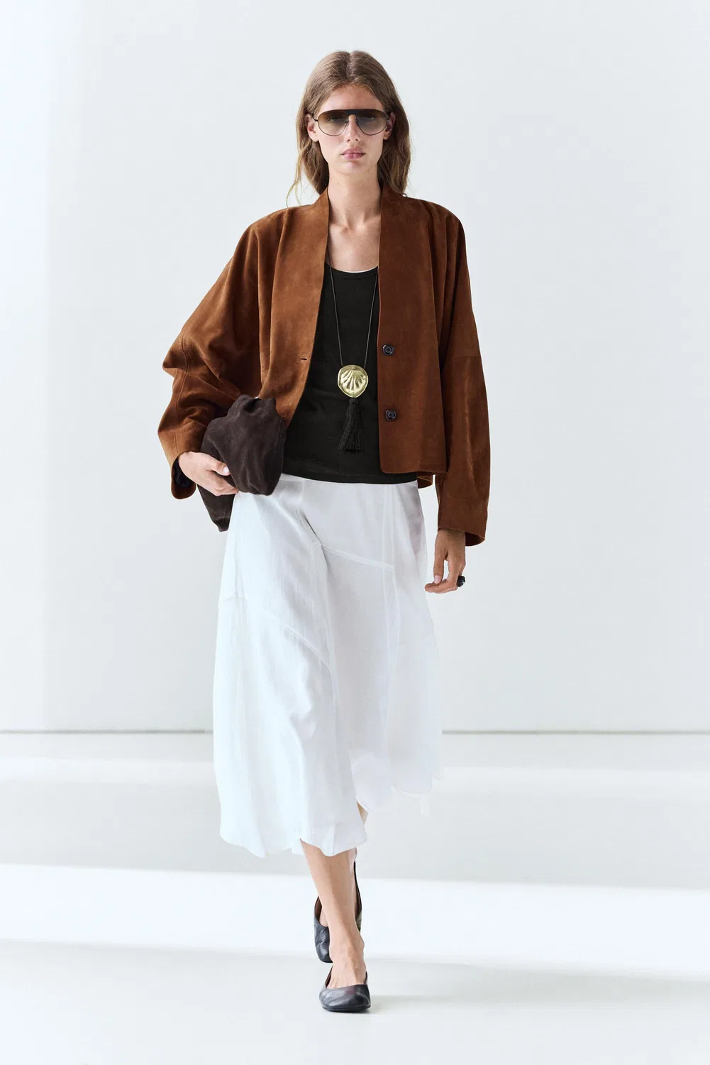 Юбка Massimo Dutti, струящаяся миди с декоративной вставкой, белый