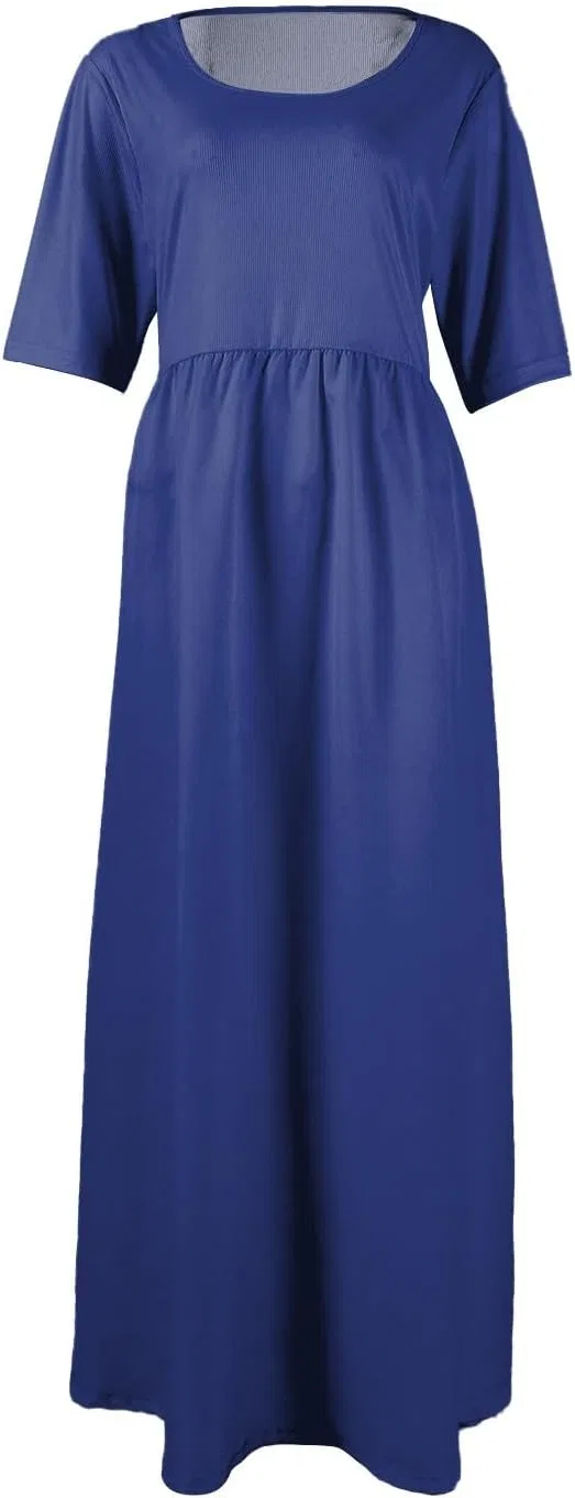 Женское платье миди с высокой талией, U-образным вырезом, короткий рукав, Polyester, Blue — фото 4