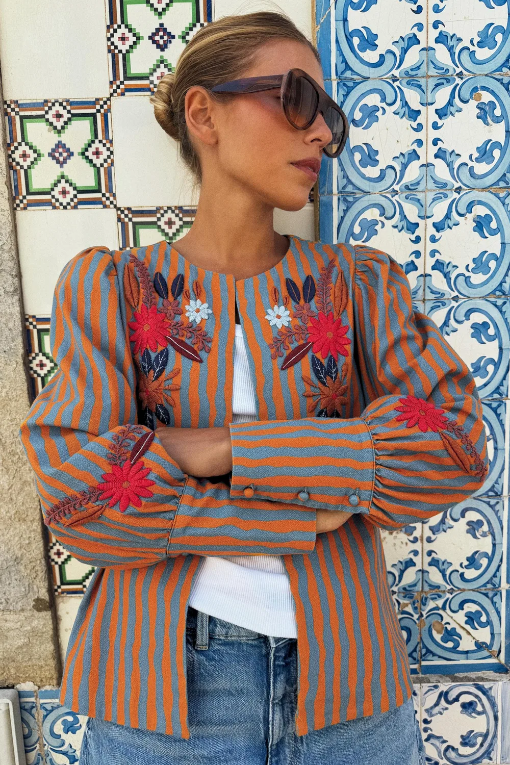 Полосатая куртка с цветочной вышивкой ZARA, Orange