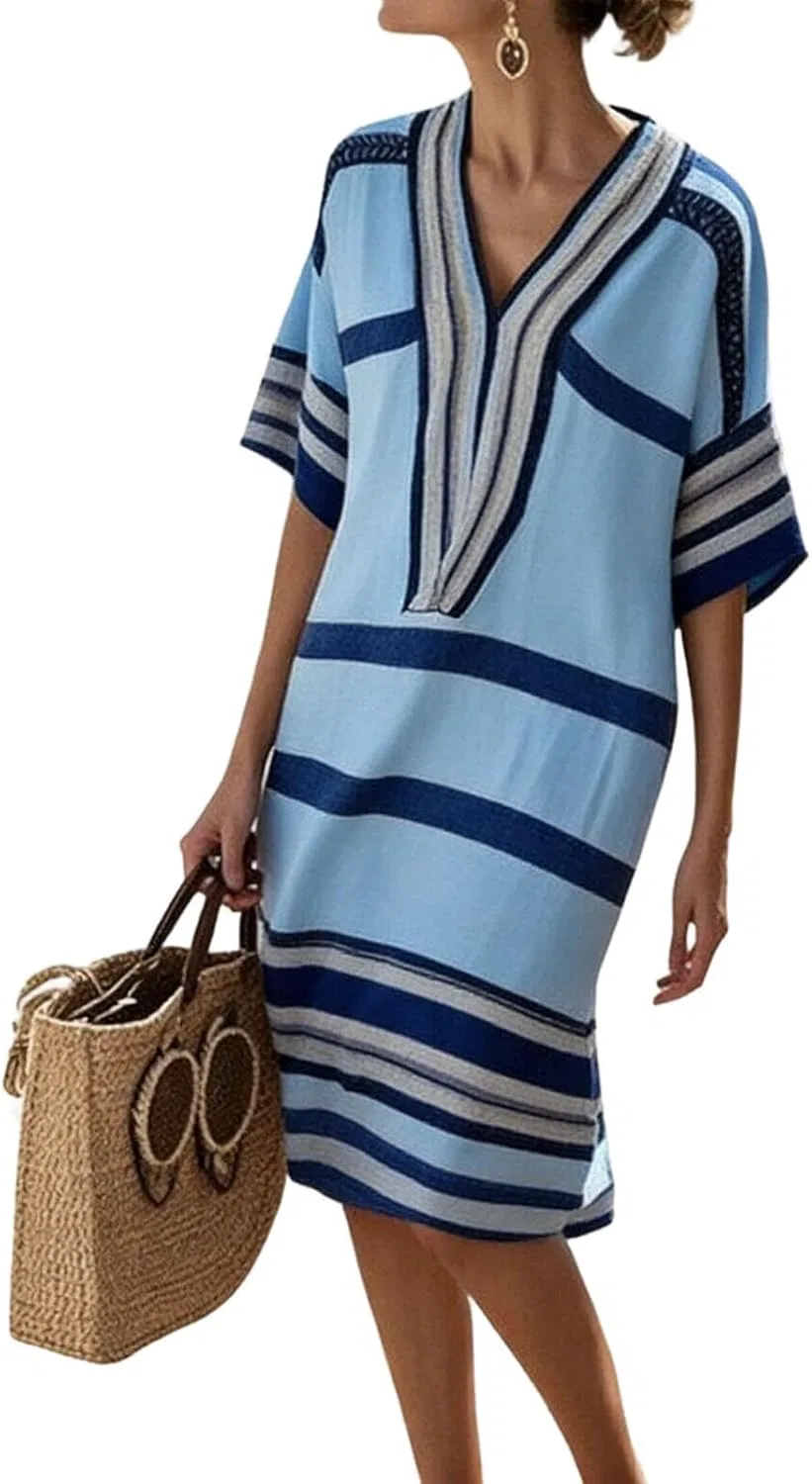 Женское платье миди с V-образным вырезом и 3/4 рукавом Striped, Blue