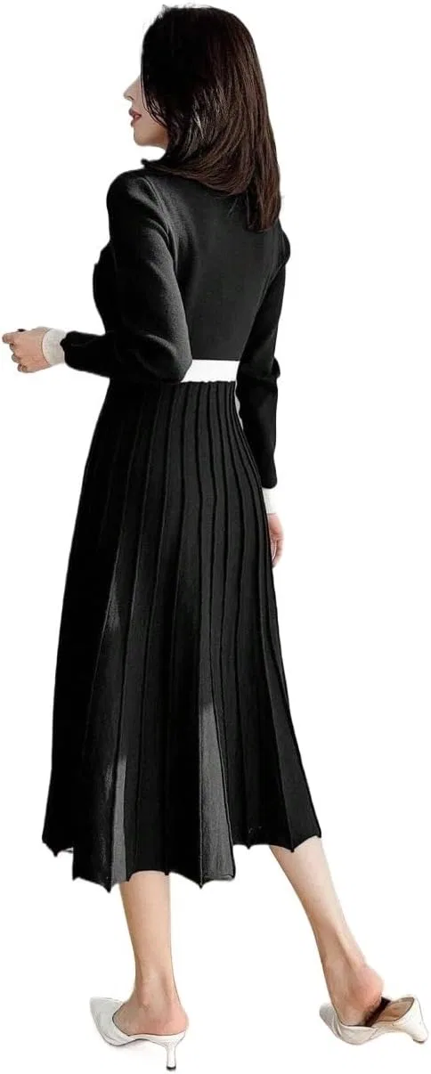 Женское платье миди с принтом блок-колор Long Sleeve, Black — фото 4
