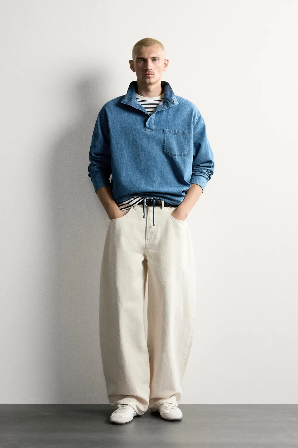 Легкая джинсовая рубашка-поло с эффектом потертости ZARA, Light blue