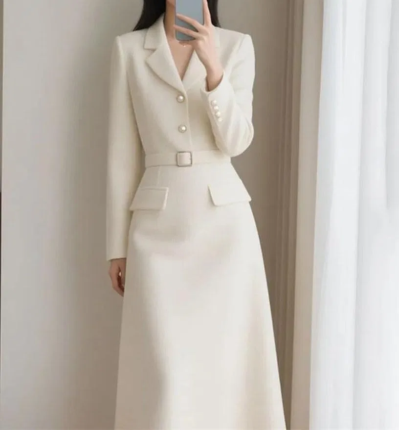 Женское французское свободное платье-жакет с длинным рукавом, White — фото 2
