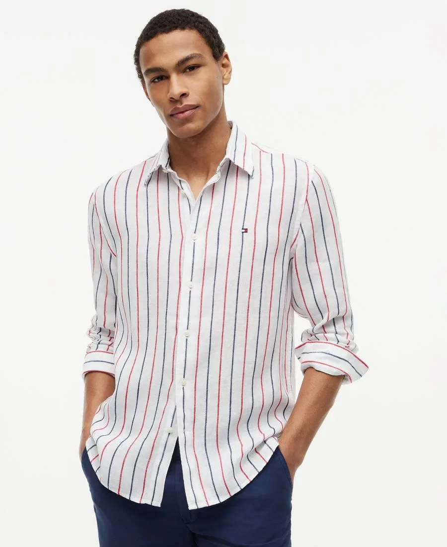 Рубашка с текстурным льняным полосатым принтом, с длинным рукавом Tommy Hilfiger, Medium Red Stripe