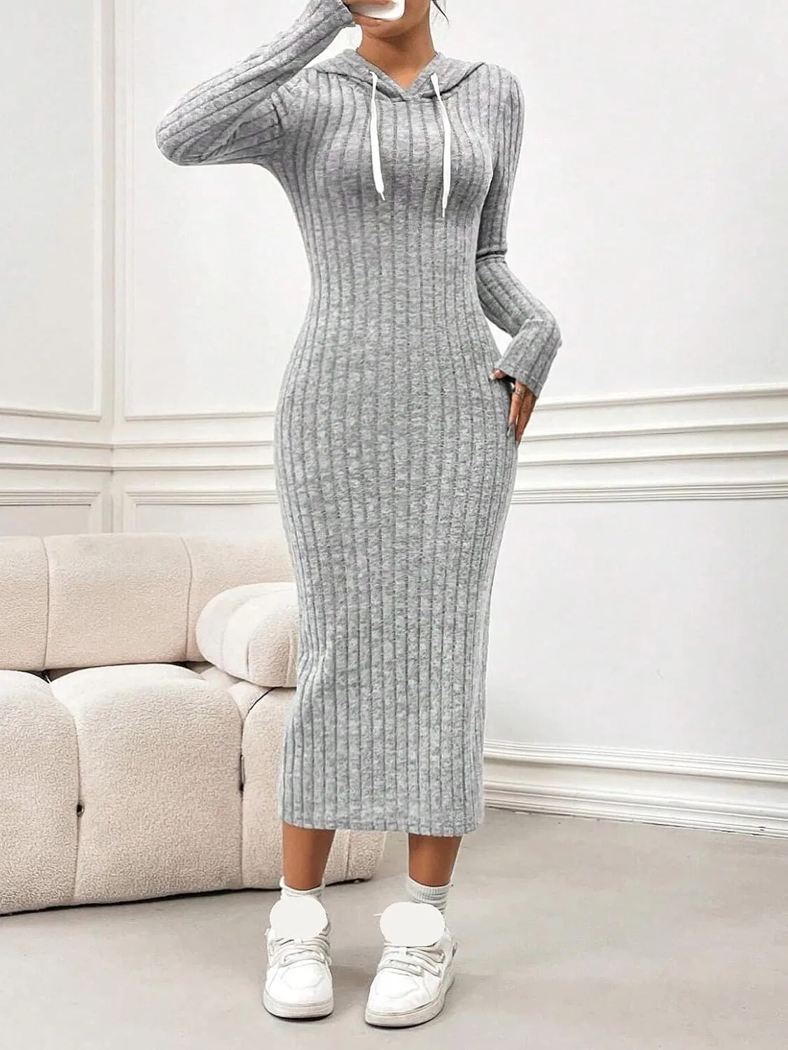 Женское облегающее платье с капюшоном Bodycon, Grey — фото 3