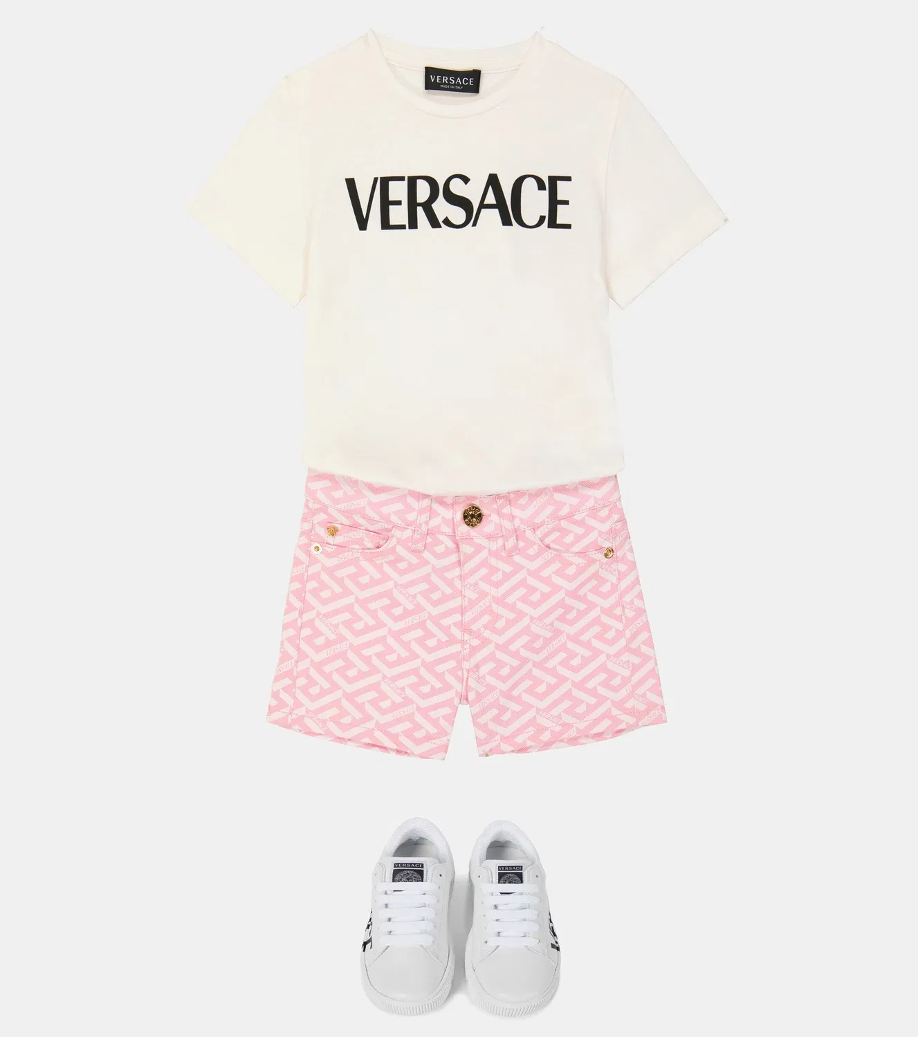 Шорты из хлопкового денима с принтом La Greca Versace Kids, розовый — фото 2