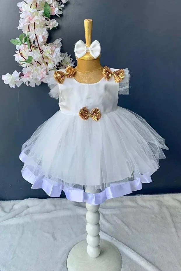 Детское платье для девочек с пайетками Sequin bow satin baby girl mevlütluk dress pnpn176 Mnk Baby&Kids, White