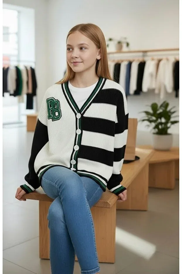 Детский кардиган для девочек полосатый вязаный Appliqued Stripe Patterned Knitwear Minimoda Kids, Ecru — фото 2