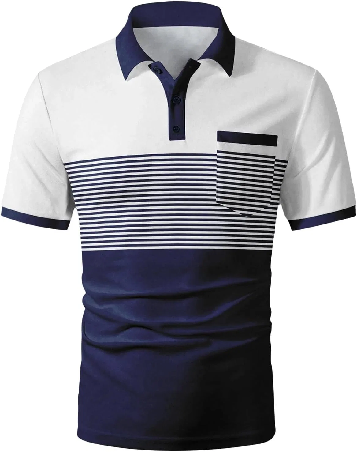 Мужское поло с полосками и цветовыми блоками, Slim Fit, с карманом, синее — фото 4