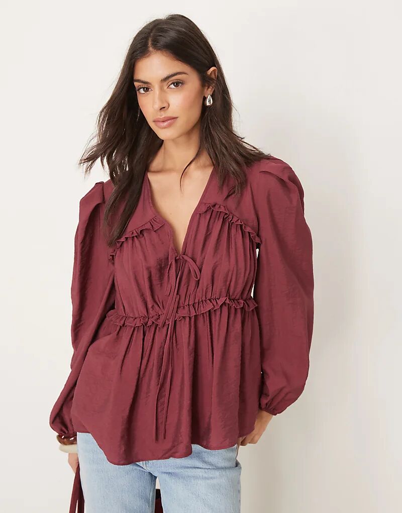 

Топ с завязками спереди и сборками в бордовом цвете ASOS DESIGN