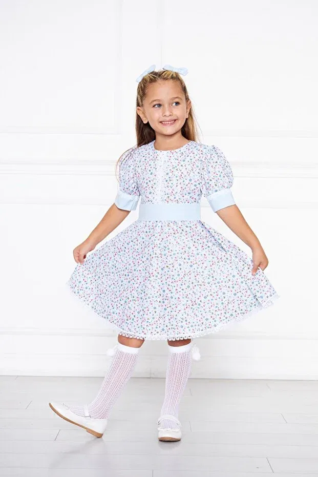 Детское платье для девочек хлопковое Blue Floral Patterned Scalloped Moda Lippa, Blue