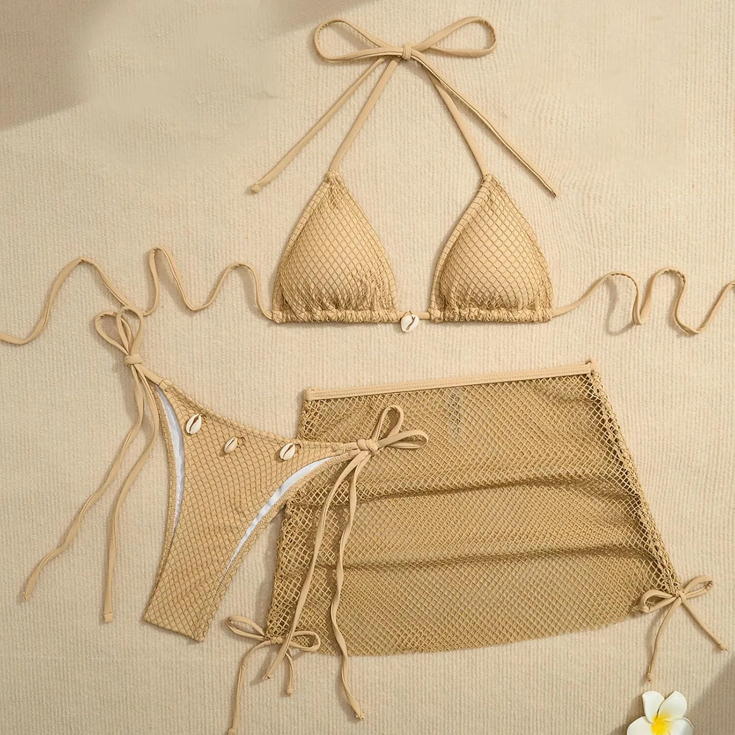 Женский купальный комплект из трех предметов с завязками по бокам, Beige — фото 2