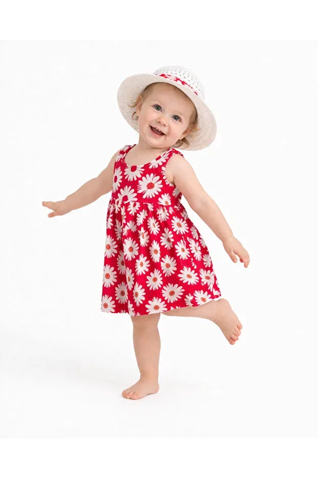 Детское платье для девочек с принтом Sweet baby girl daisy patterned style dress with hat summer combination Chicsy Baby, Red — фото 3