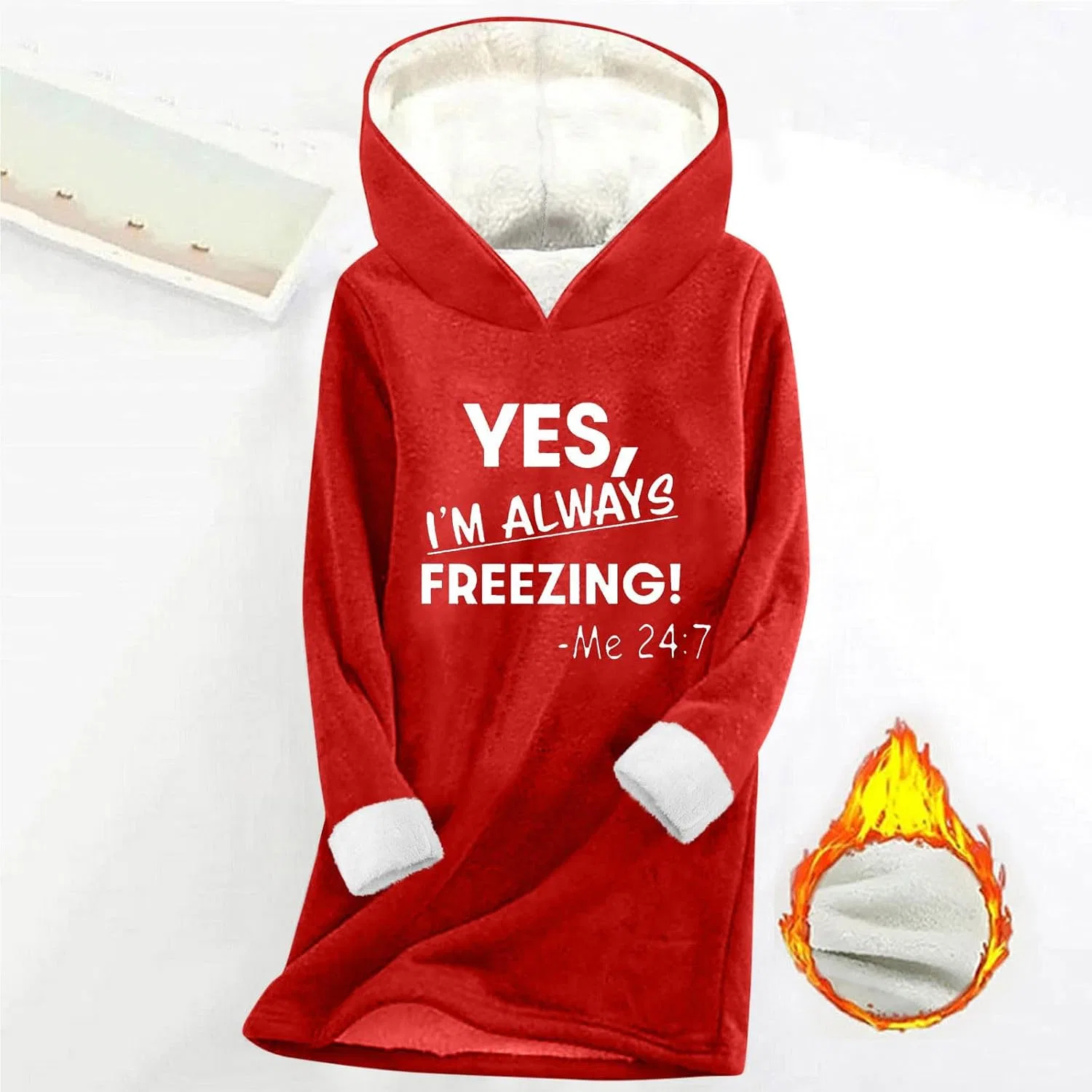 Женский свитшот с капюшоном с принтом Yes I'm Always Freezing Me 24:7, красный — фото 4