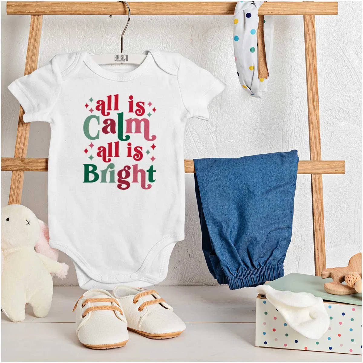 Детское боди-комбинезон с принтом Christmas All Is Calm Song Lyric Brisco Brands, White — фото 3