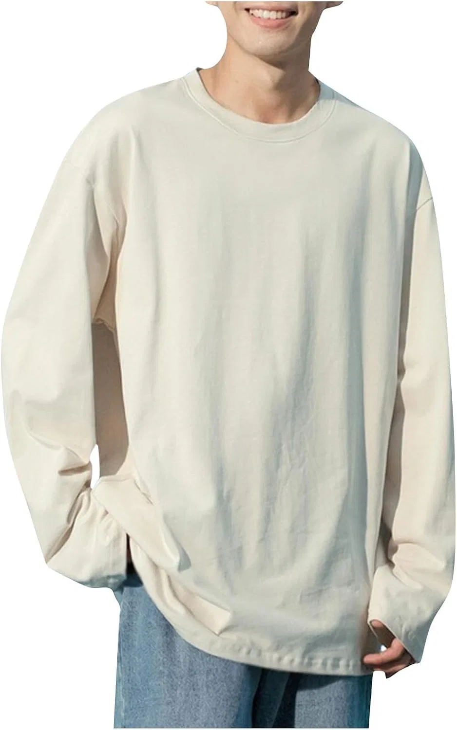 Мужская свободная хлопковая футболка с длинным рукавом, Beige