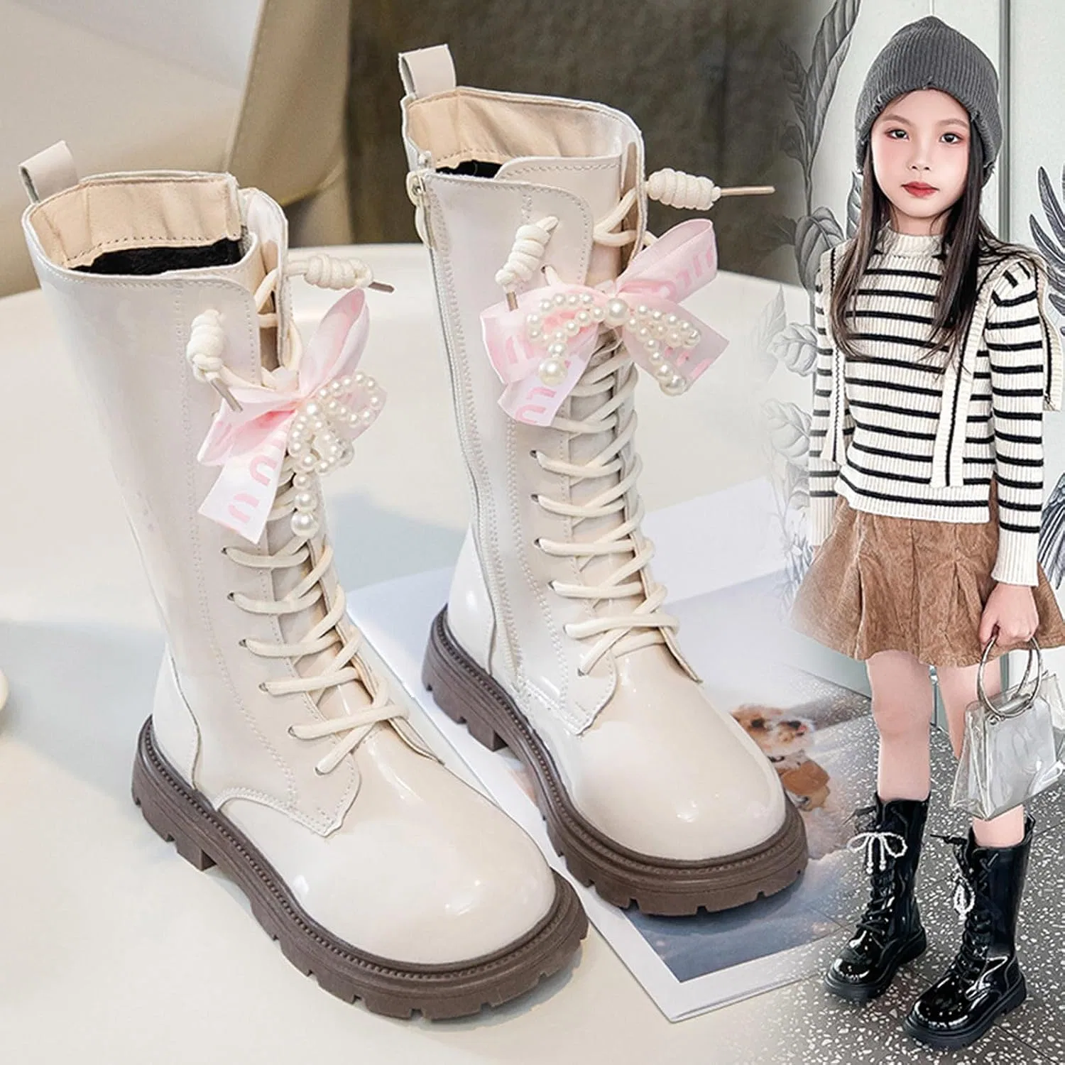 Детские сапоги для девочек с бантом, модель Shiny Dress Boots, White — фото 2