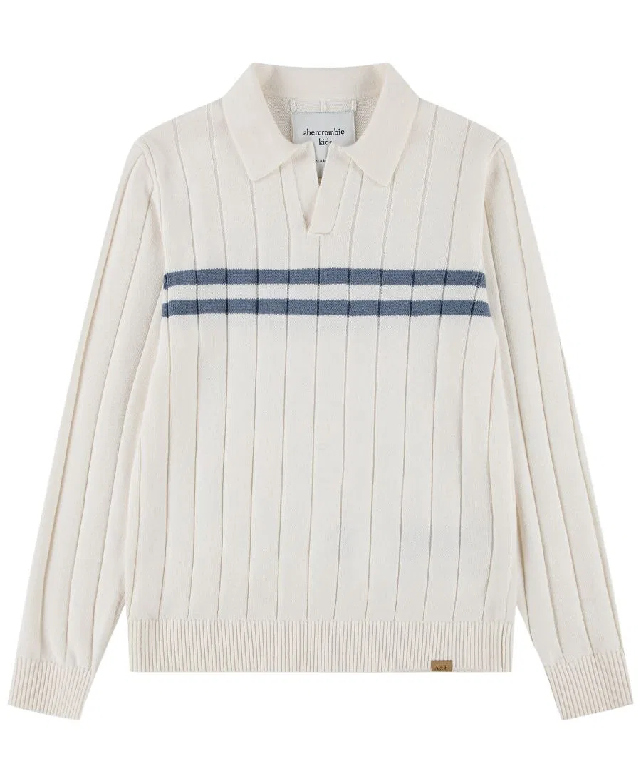Свитер с джонни-воротником и полосой на груди, с длинным рукавом abercrombie kids, Cream