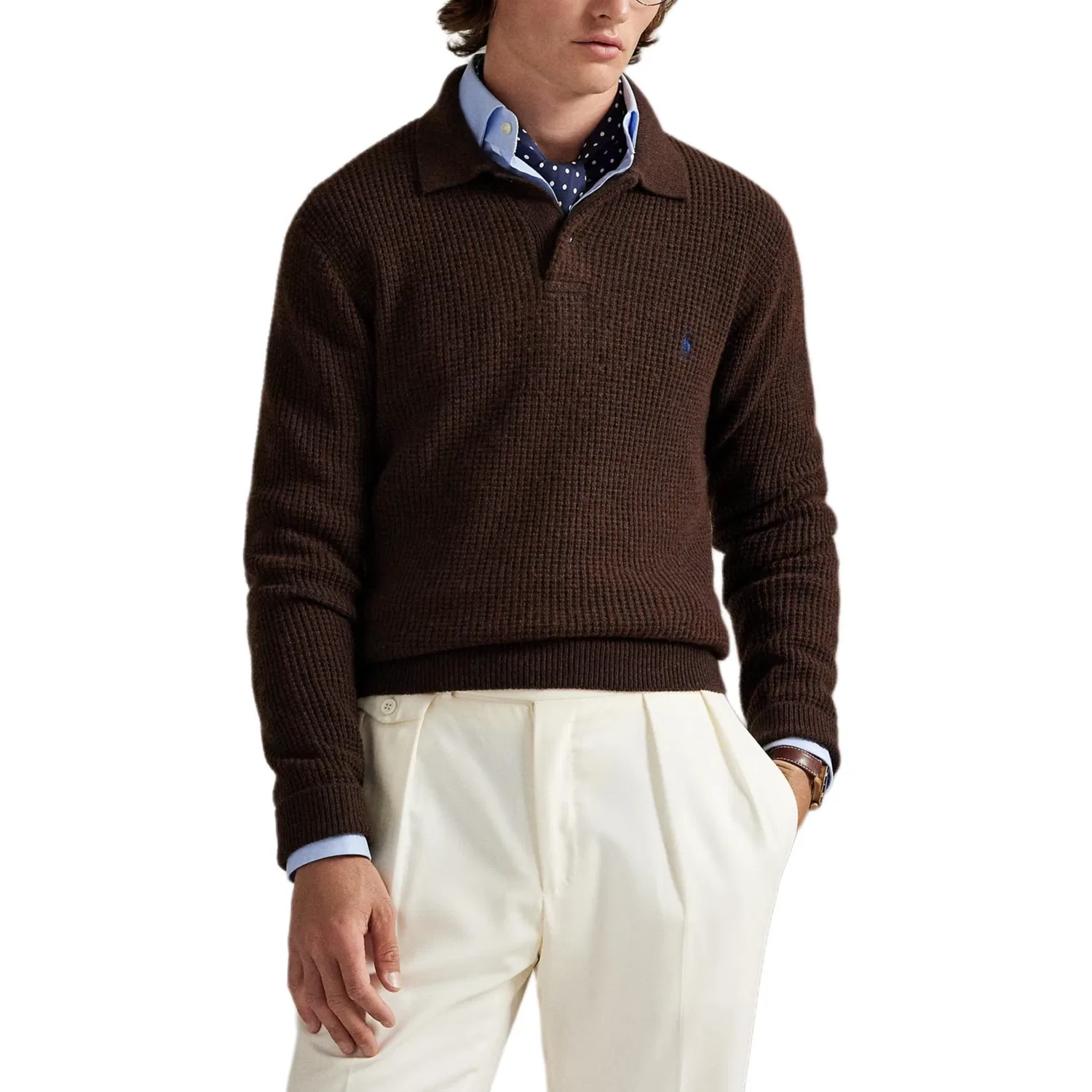 Мужской свитер с воротником-поло Waffle-Knit Polo-Collar Polo Ralph Lauren, Cocoa Brown — фото 3