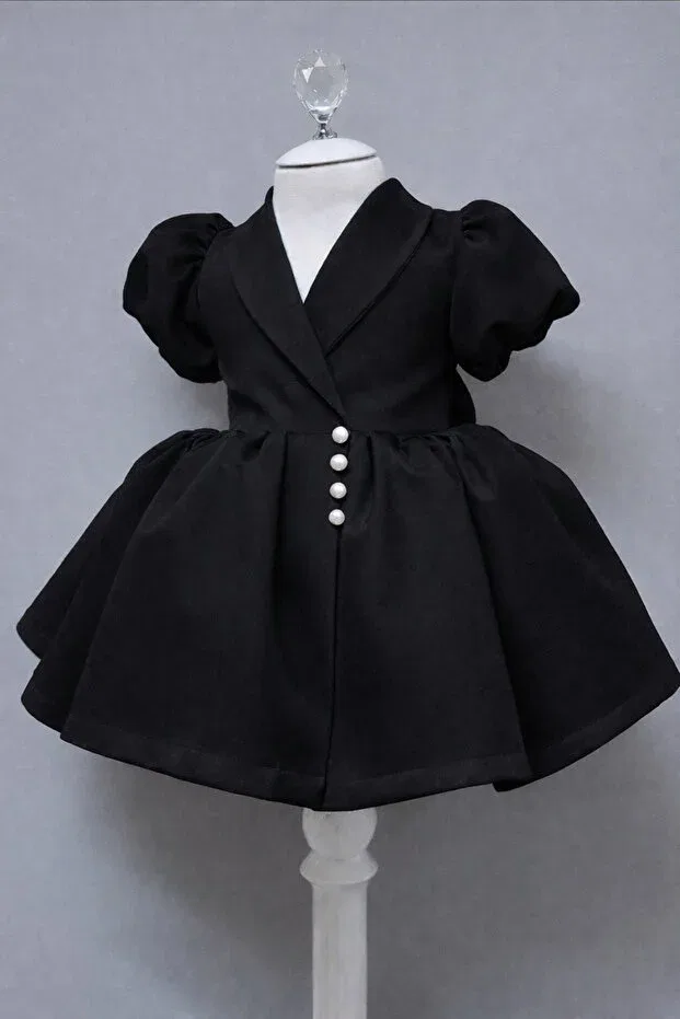 Детское платье для девочек с коротким рукавом Special design black pearl button and bow accessories short balloon sleeve girls evening dress Musgem, Black